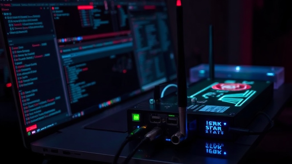 SDR hardware connected to a laptop, with an antenna pointed outwards