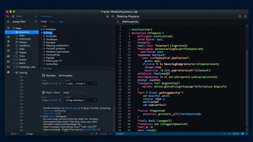 Framer Motion Lab interface showing interactive animation controls and code examples