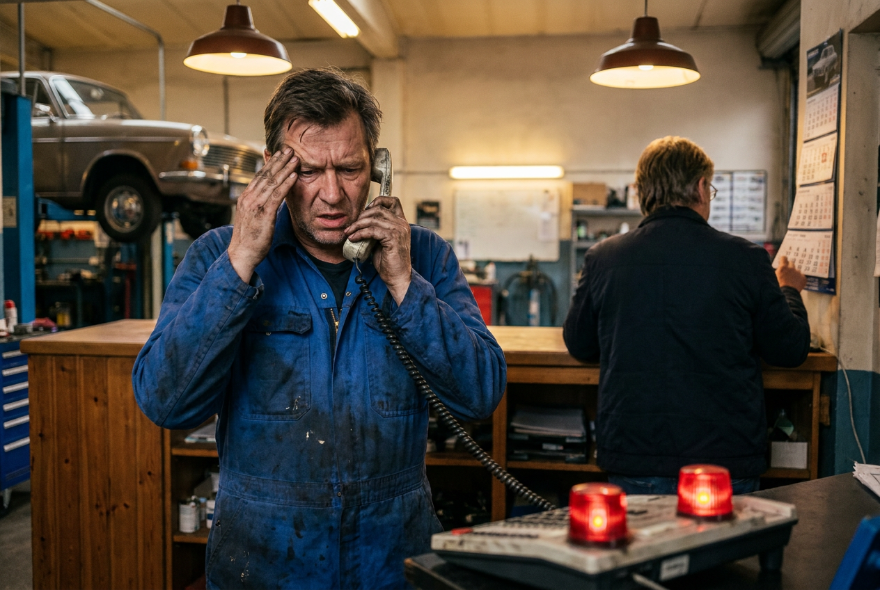 Autobedrijf eigenaar in overall met telefoon aan het oor terwijl twee andere lijnen oplichten en een klant aan de balie wacht