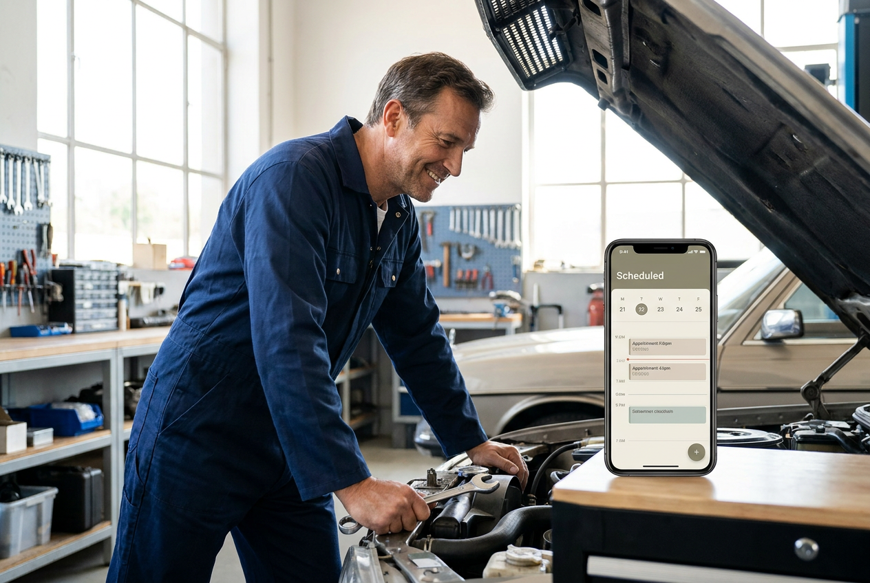 Ontspannen monteur werkt rustig aan een motor terwijl een dashboard met ingeplande afspraken op een smartphone staat