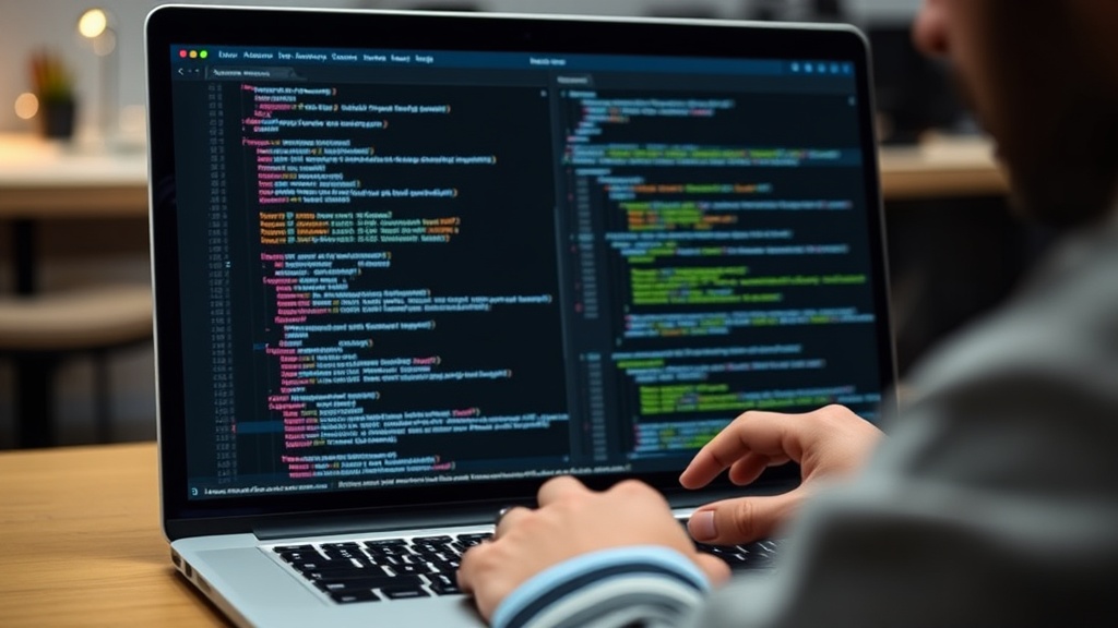 Developer reviewing code on a laptop screen with a blurred background