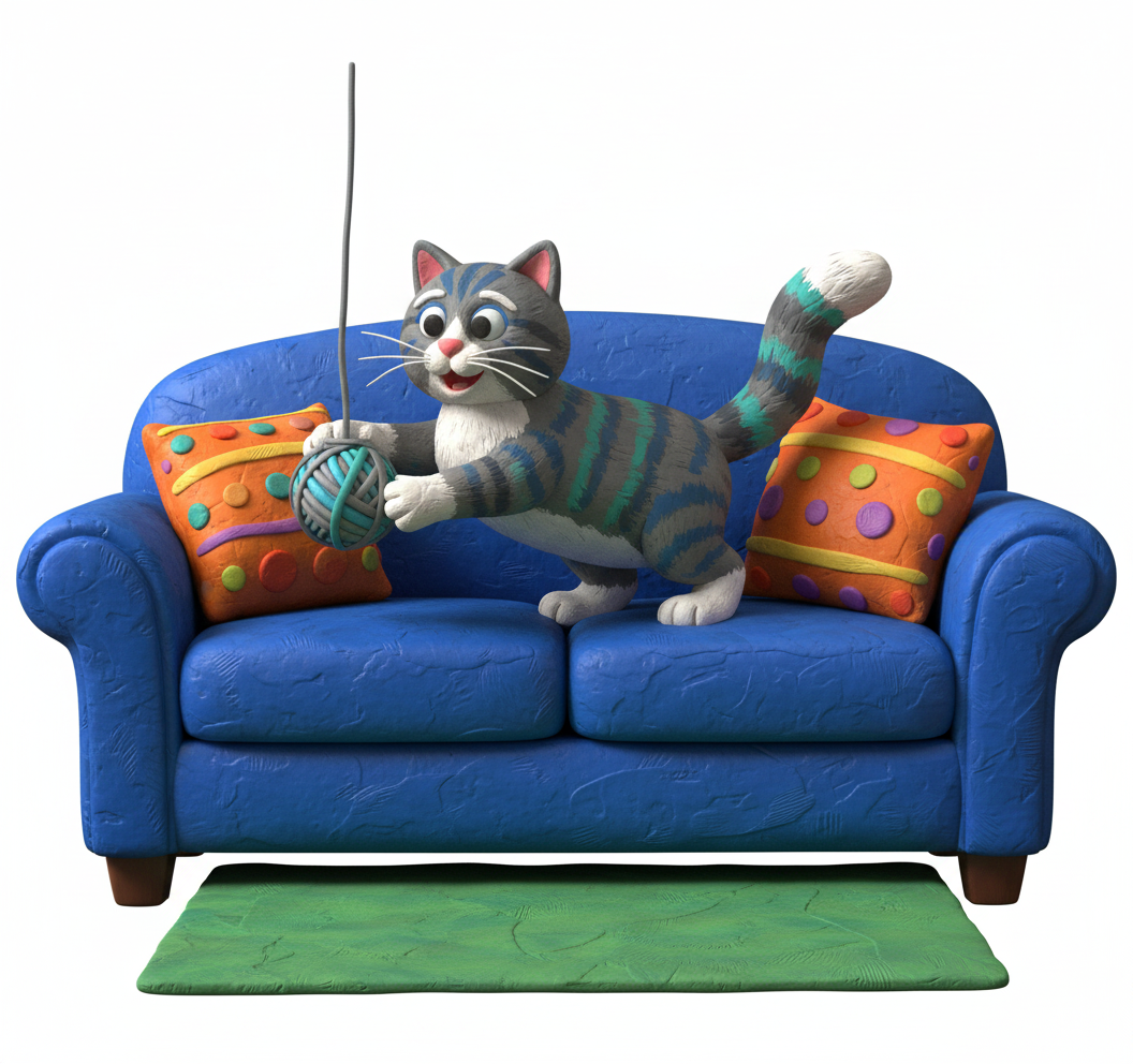 Cute claymation style 3D render of Un gato jugando en el sofa , plasticine te...