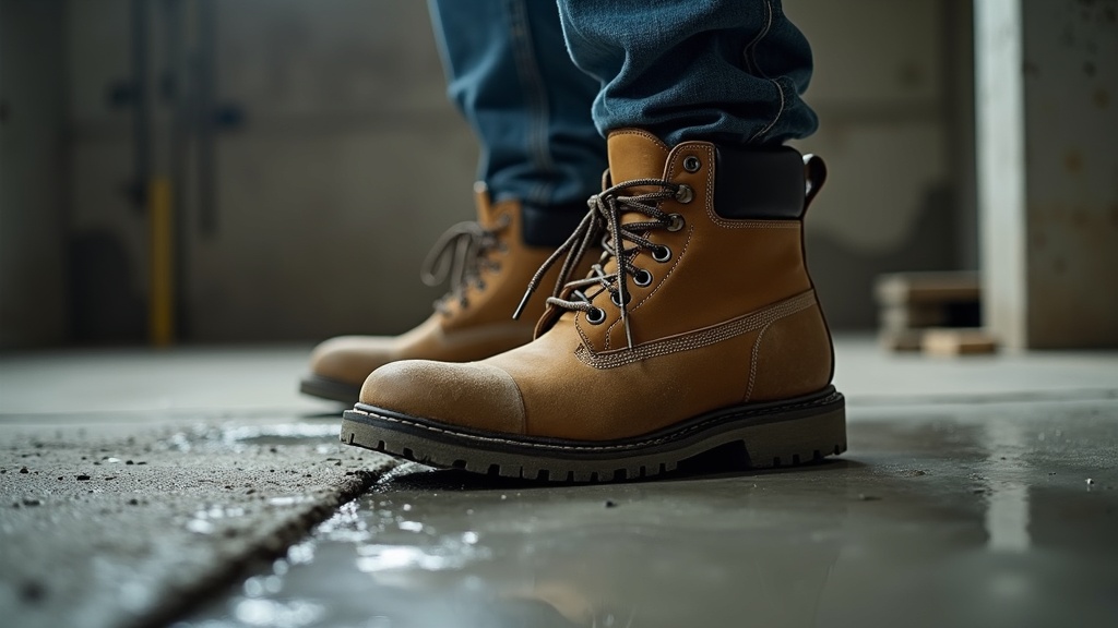 Pisada de bota de trabajo sobre suelo de concreto húmedo