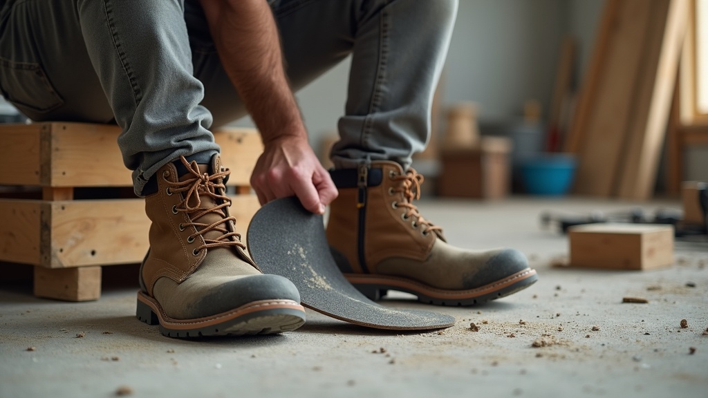 Trabajador ajustando la plantilla ortopédica de su bota de seguridad en obra