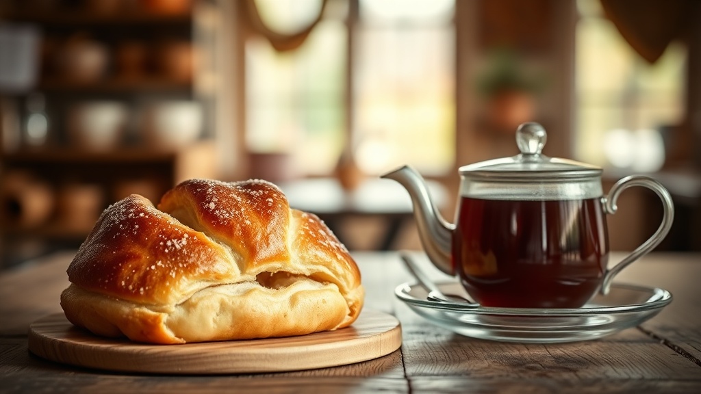 Kougelhopf alsacien et théière posés sur une table en bois dans un salon de thé