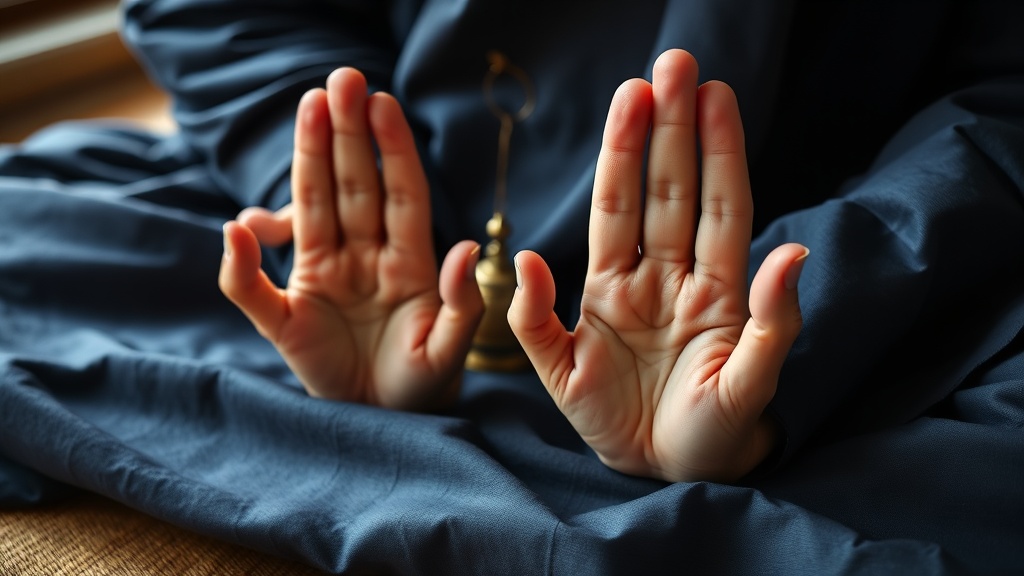 Two hands resting in a meditative mudra position on dark blue silk with a bronze ritual bell softly blurred in background