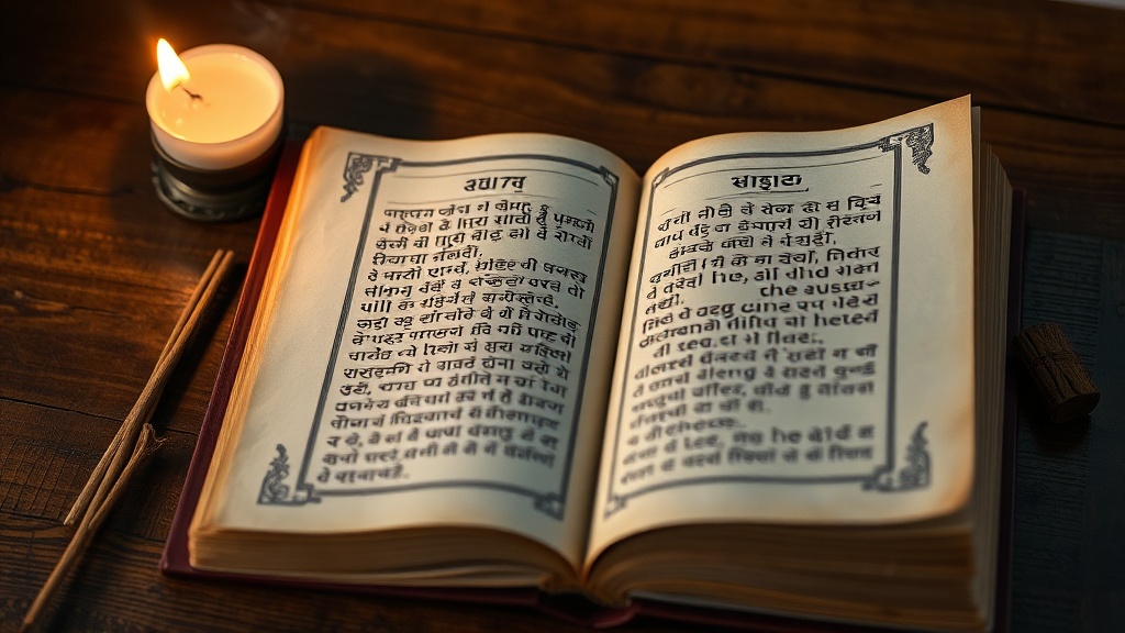 Illuminated Buddhist scripture open on a wooden altar beside a burning incense stick and copper offering bowl