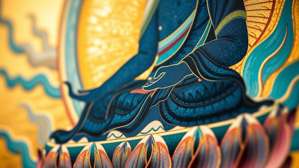 Detail of a Tibetan thangka depicting a deep blue primordial Buddha figure seated in lotus posture on a multi-colored cloud throne