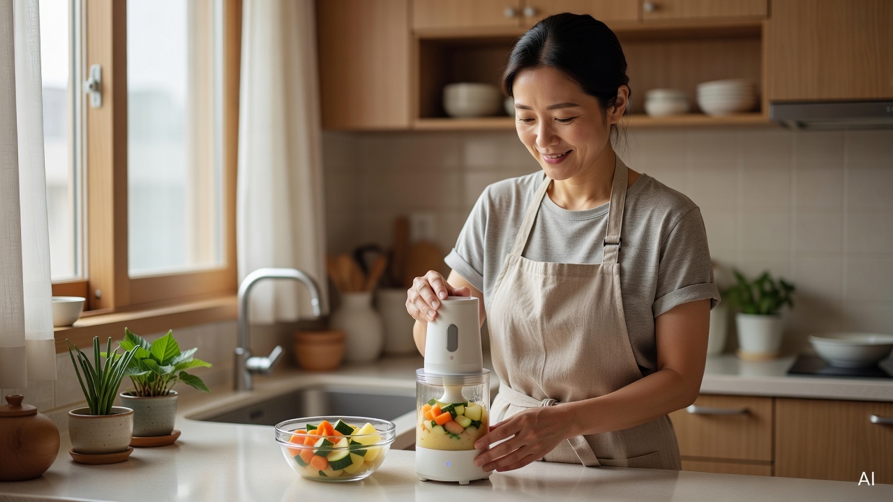 Korean mother preparing baby food in kitchen, blending vegetables in a small blender