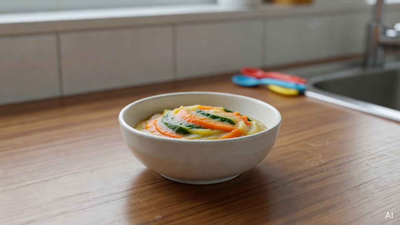small ceramic baby food bowl with pureed vegetables on a wooden kitchen table