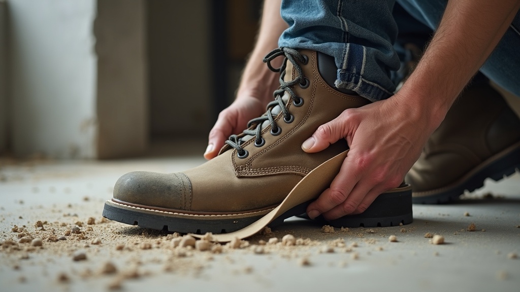 Plantilla de trabajo siendo colocada dentro de una bota de seguridad en obra