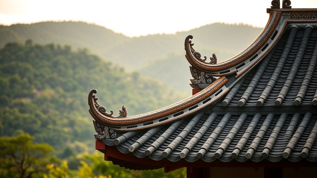 Toiture aux avant-toits recourbés d'un temple bouddhiste chinois sous la lumière matinale