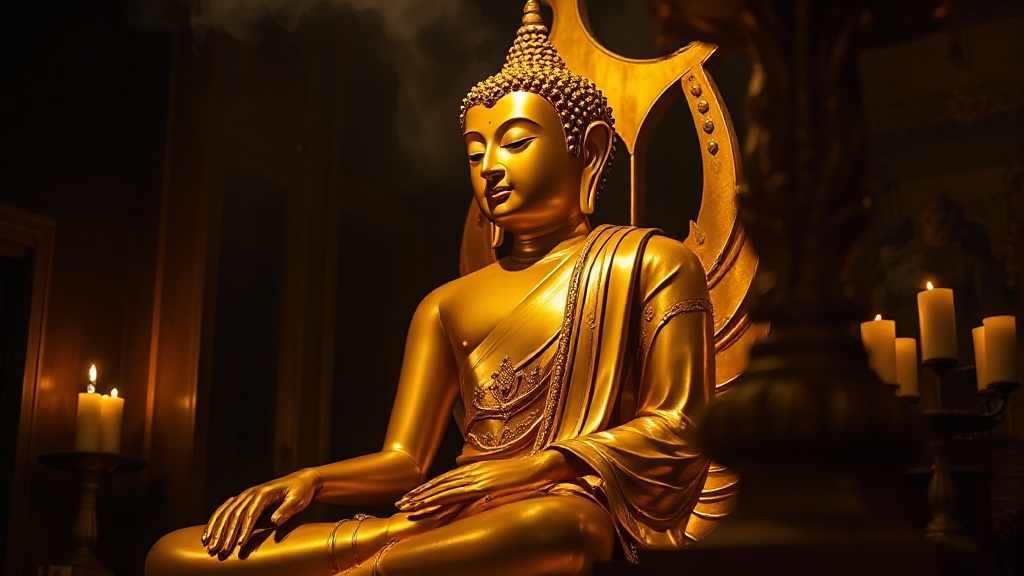 Statue dorée de Bouddha en mudra Dhyana dans la salle principale d'un temple bouddhiste