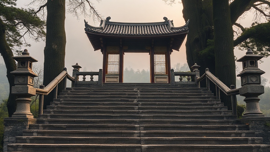 Escaliers de pierre menant à l'entrée d'un temple bouddhiste chinois entouré de cyprès