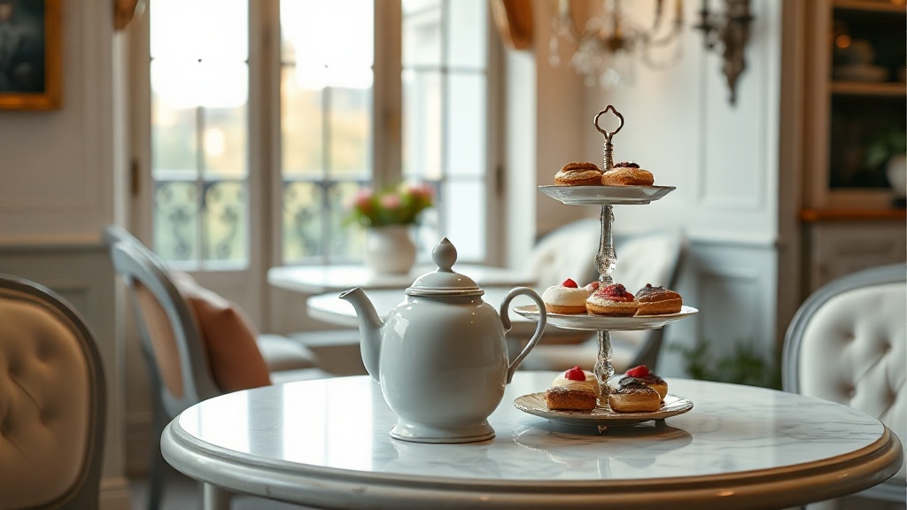 Table dressée dans un salon de thé élégant à Versailles, théière en céramique et pâtisseries fines