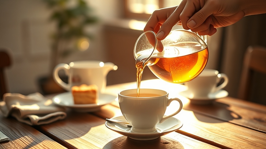 Versement de thé chaud depuis une théière en verre dans une tasse fine, lumière dorée de salon de thé