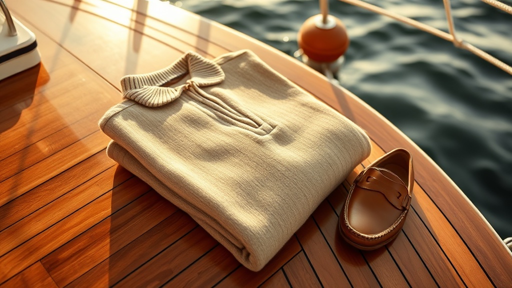 Beige wool half-zip sweater and leather loafers on a wooden boat deck with lake reflections