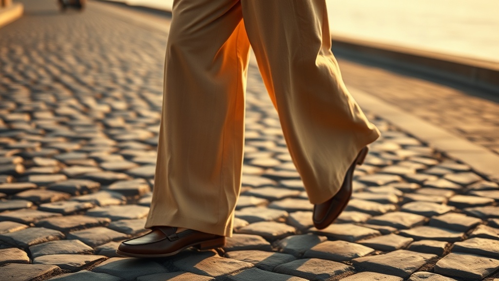 Close detail of wide-leg sand linen trousers and leather loafer on a cobbled lakeside promenade