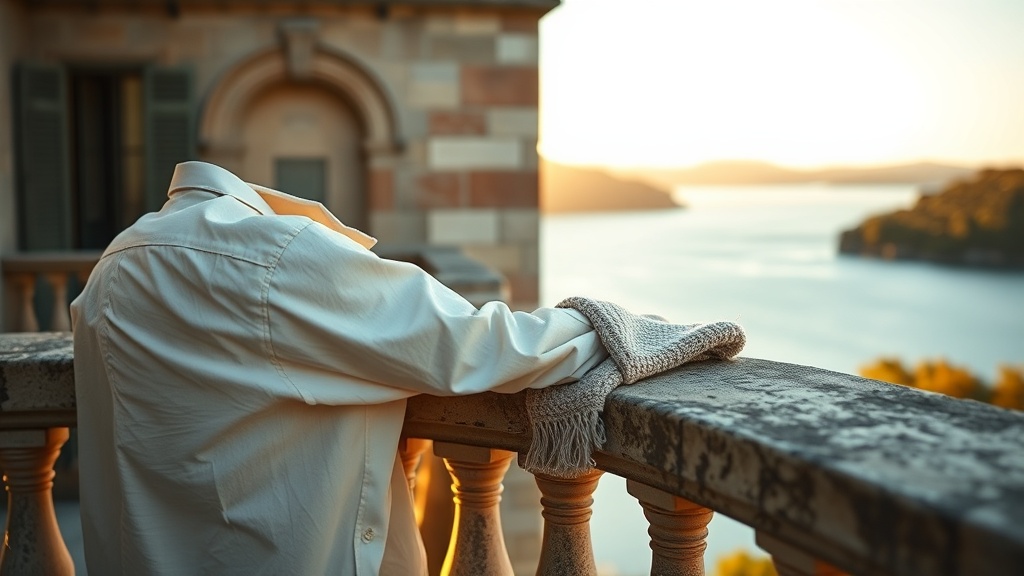 Cream linen shirt and wool knit draped over a stone villa balustrade above Lake Como