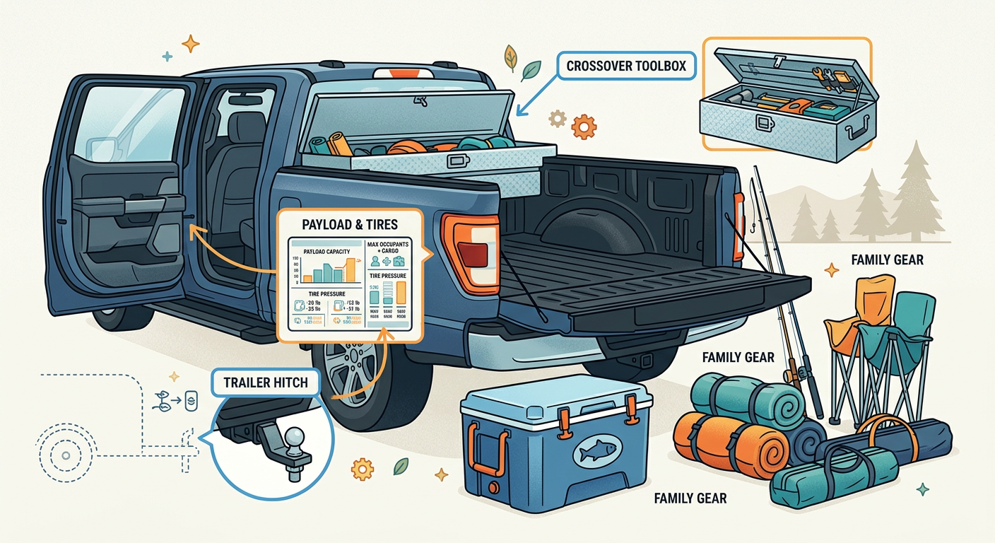 Clean editorial-style illustration of a pickup door-jamb payload sticker, trailer hitch, toolbox, and family gear arranged...