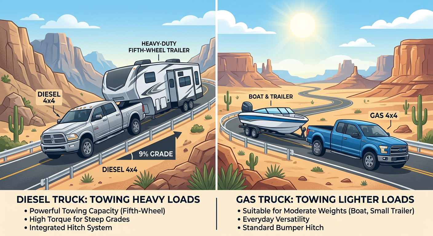 Modern split-scene illustration showing a diesel pickup climbing a steep grade with a large fifth-wheel trailer and a gas ...