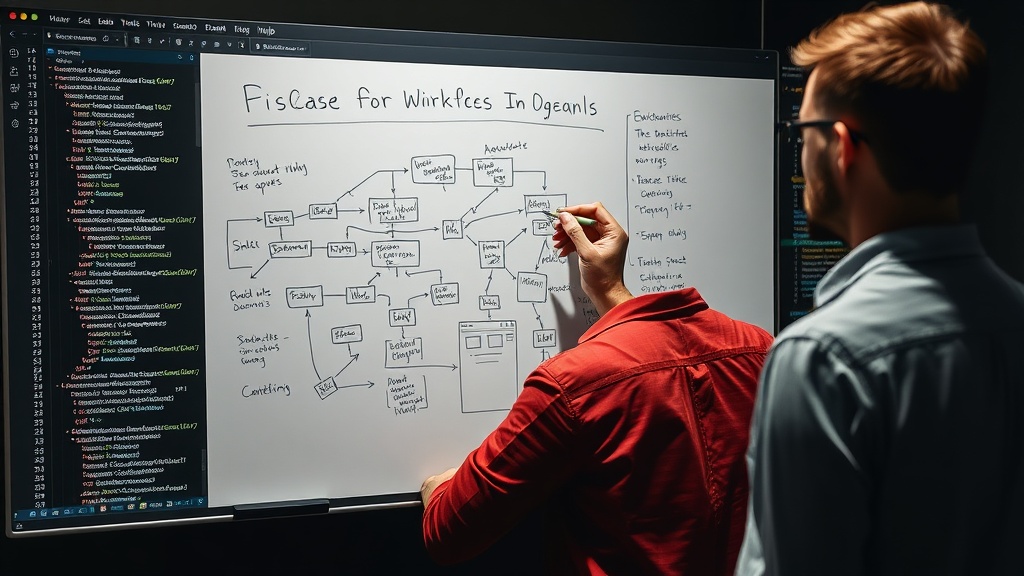 Developer sketching out a complex n8n workflow diagram on a whiteboard