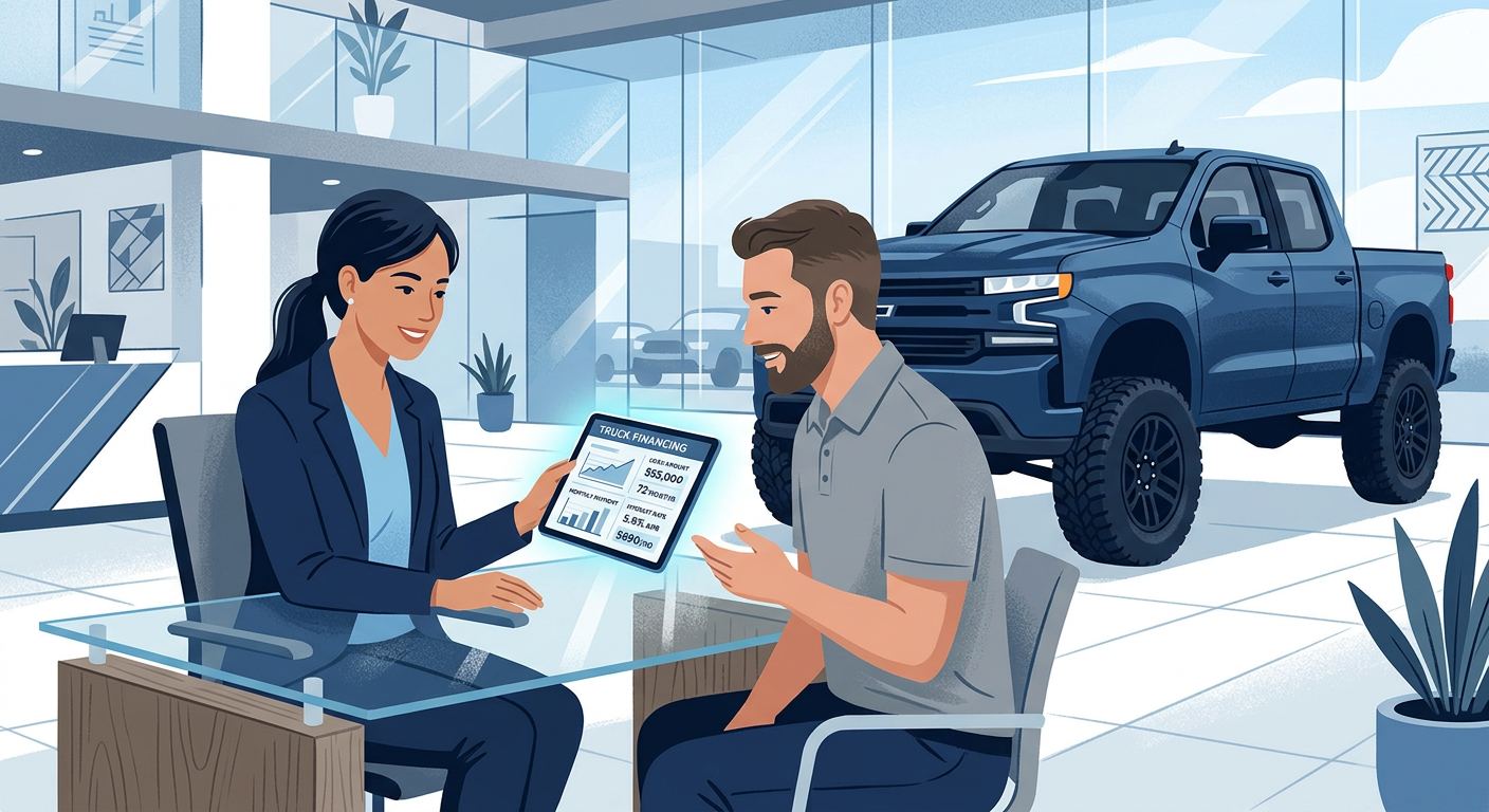 Modern editorial illustration of a buyer reviewing truck financing numbers on a tablet beside a lifted pickup, clean blue ...