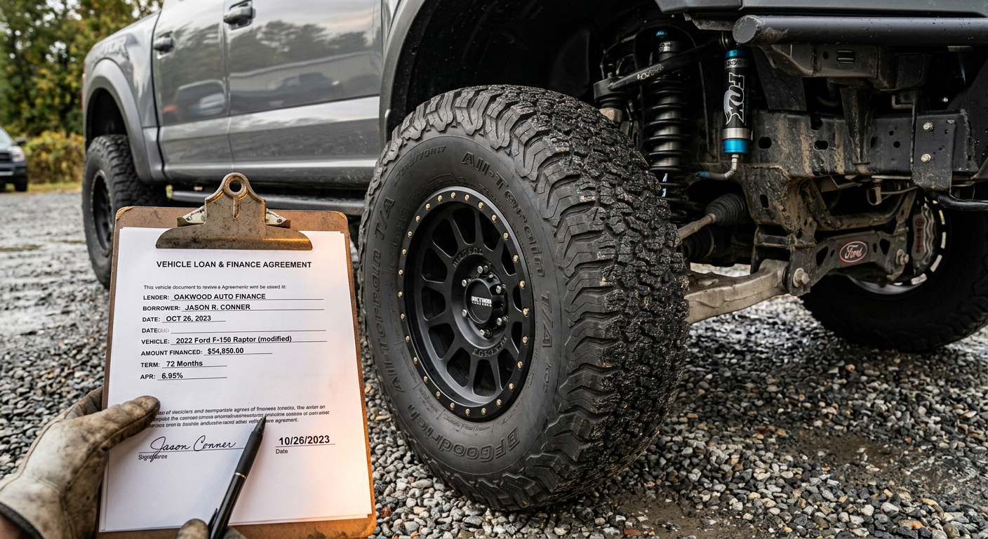 Photorealistic close-up of a lifted truck wheel, tire, and suspension with a finance document on a clipboard in the foregr...