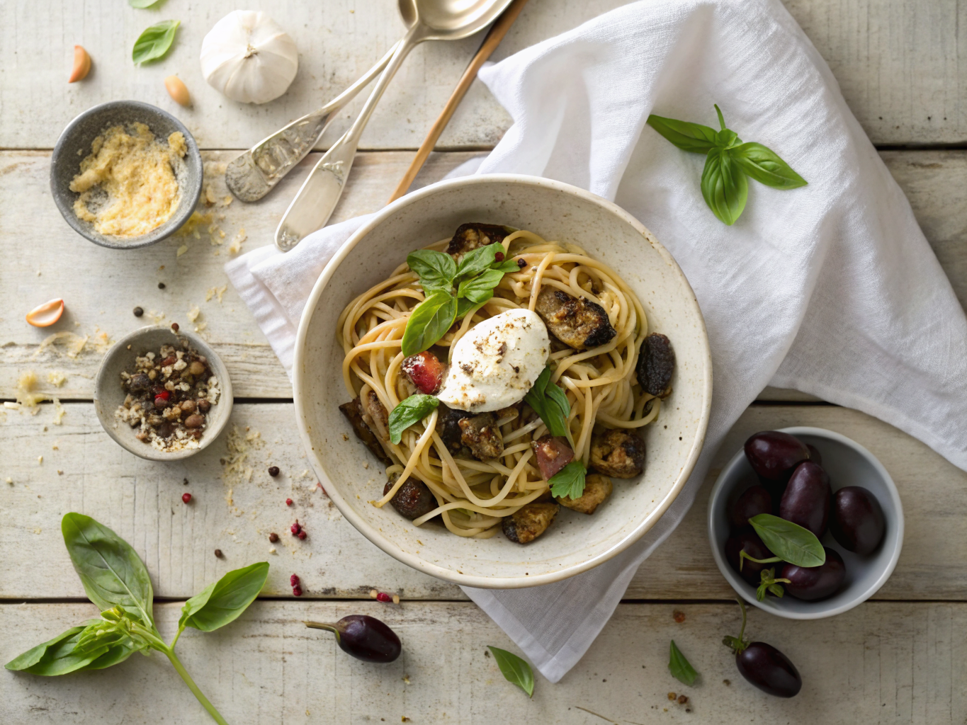 Smoky Eggplant Carbonara with Burrata Bruschetta