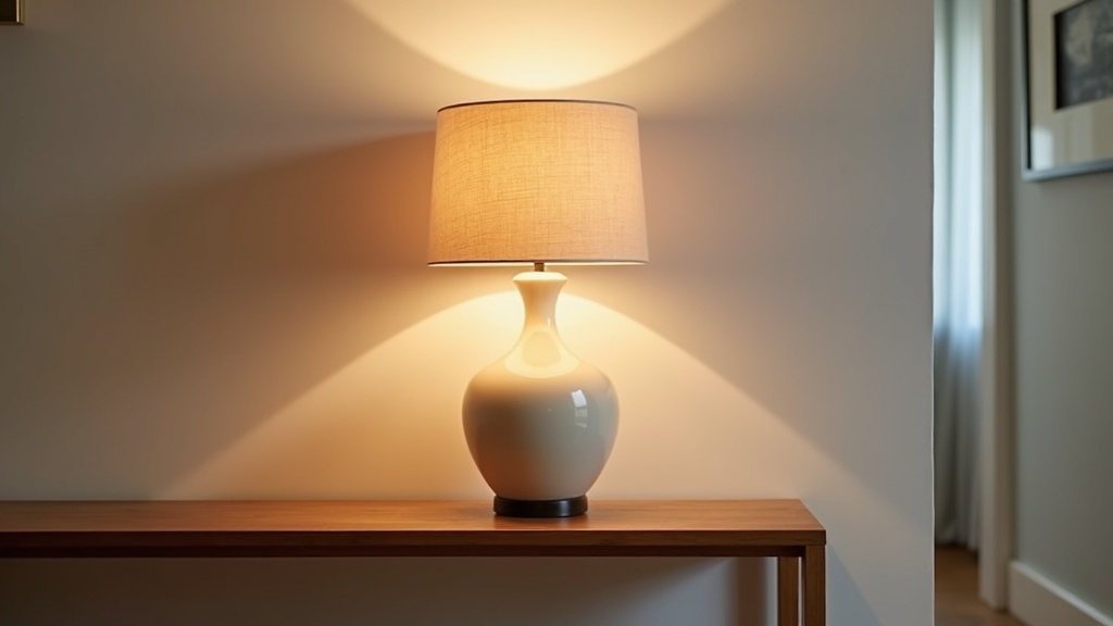 Ceramic table lamp with linen shade on an oak console table casting warm light