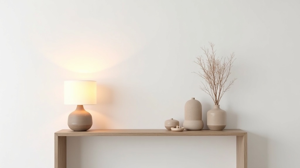 Console table styled with a ceramic table lamp in a calm Scandinavian entryway