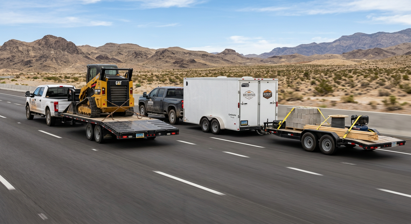 Photorealistic side-by-side scene of heavy-duty pickups towing different work trailers, including equipment, enclosed carg...