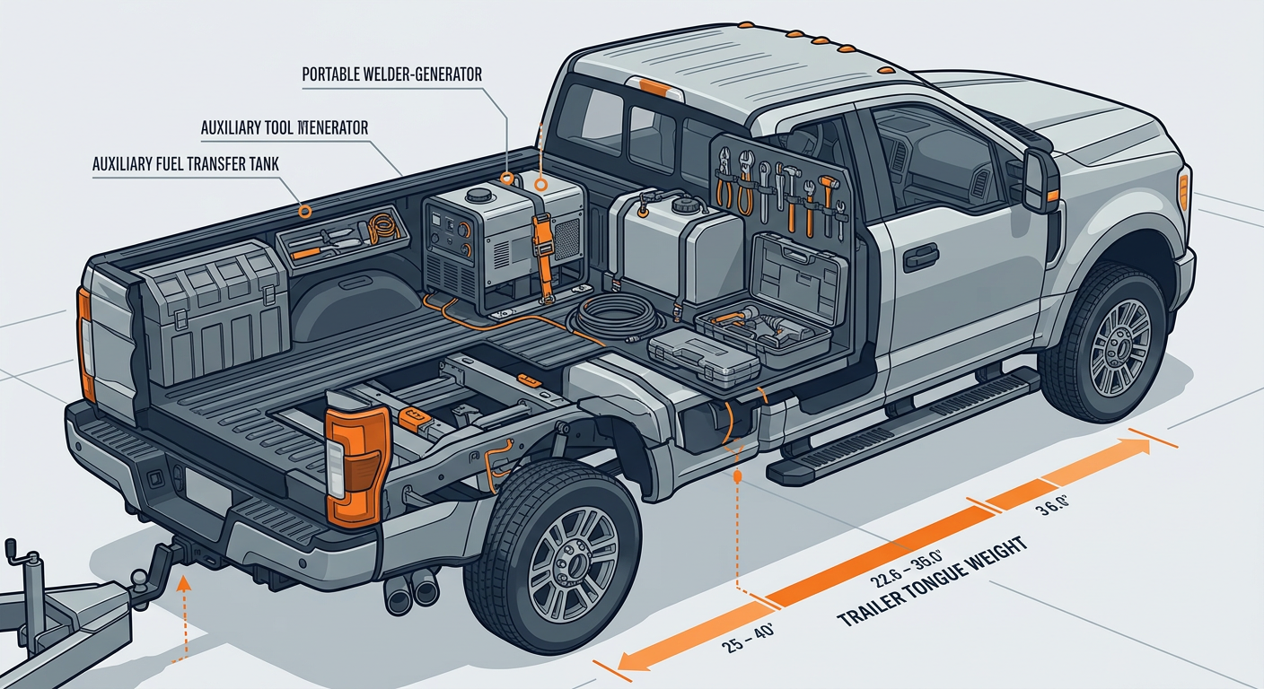 Modern illustrated cutaway-style view of a heavy-duty pickup bed loaded with tools, generator, fuel tank, and trailer tong...