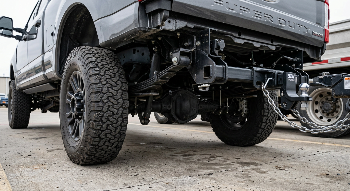 Close-up photorealistic image of a heavy-duty truck hitch, rear suspension, all-terrain tires, and towing hardware on a cl...