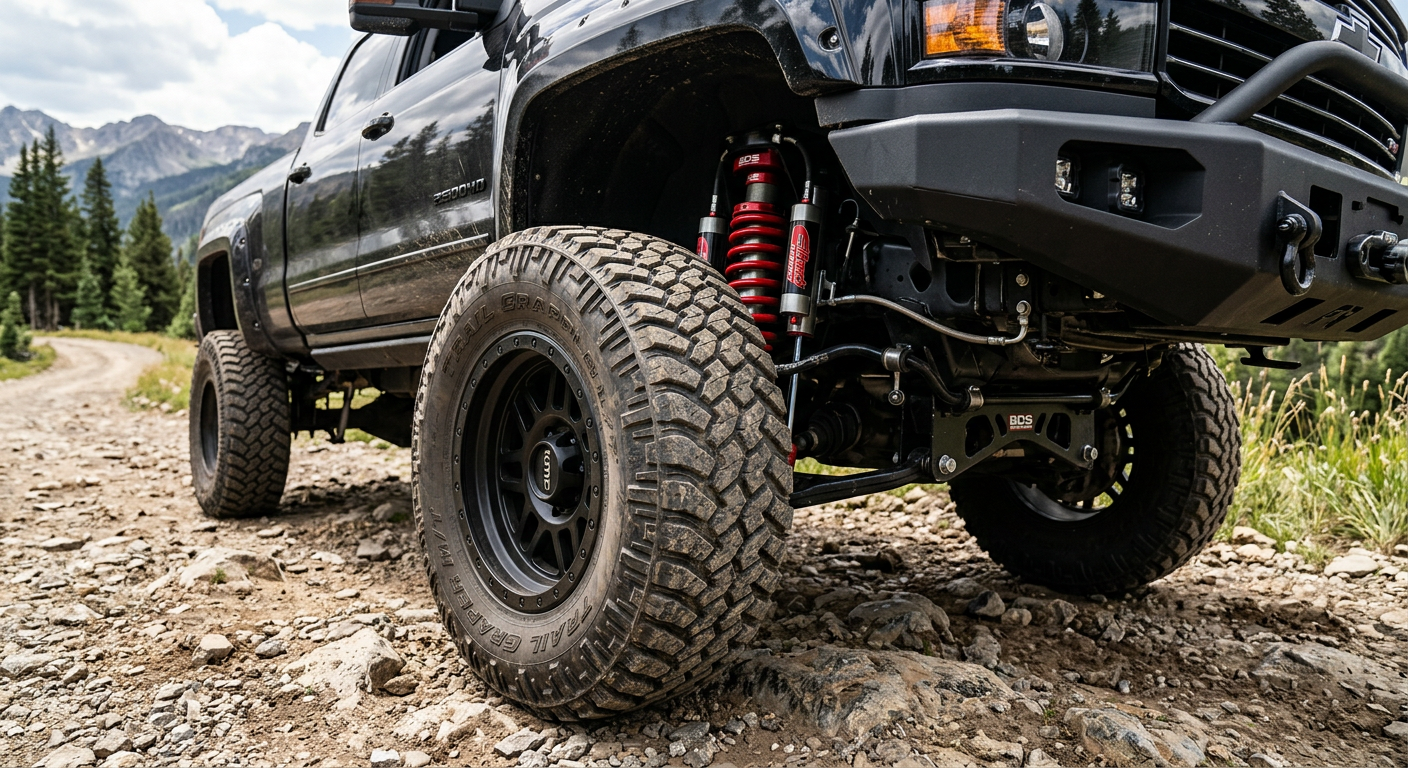 Close-up of a custom lifted Chevrolet Silverado 2500HD with aggressive all-terrain tires, black wheels, visible suspension...