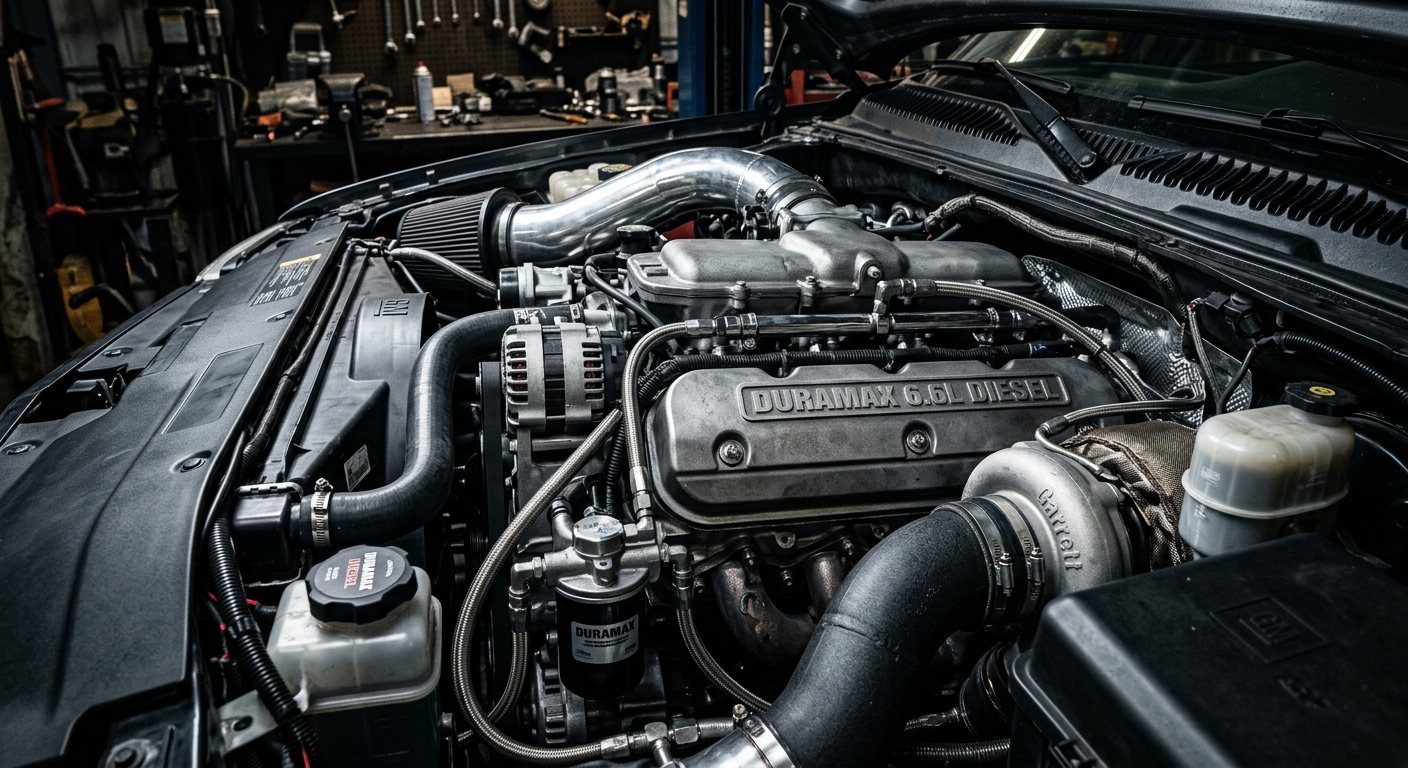 Close-up photorealistic view of a Duramax diesel engine bay with clean components, metallic textures, dramatic workshop-st...