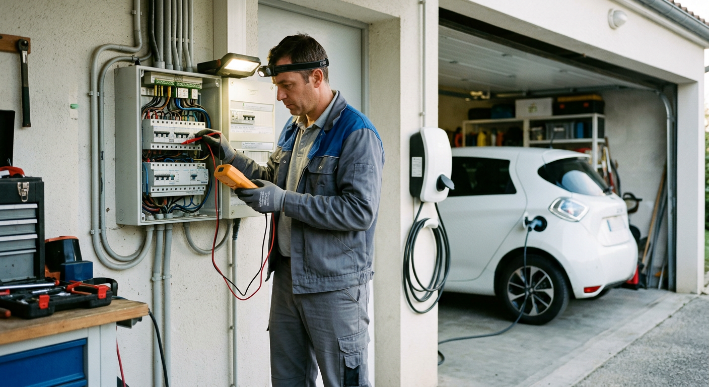 Installateur IRVE effectuant un contrôle électrique devant un tableau avec une borne de recharge électrique et une voiture de particulier.