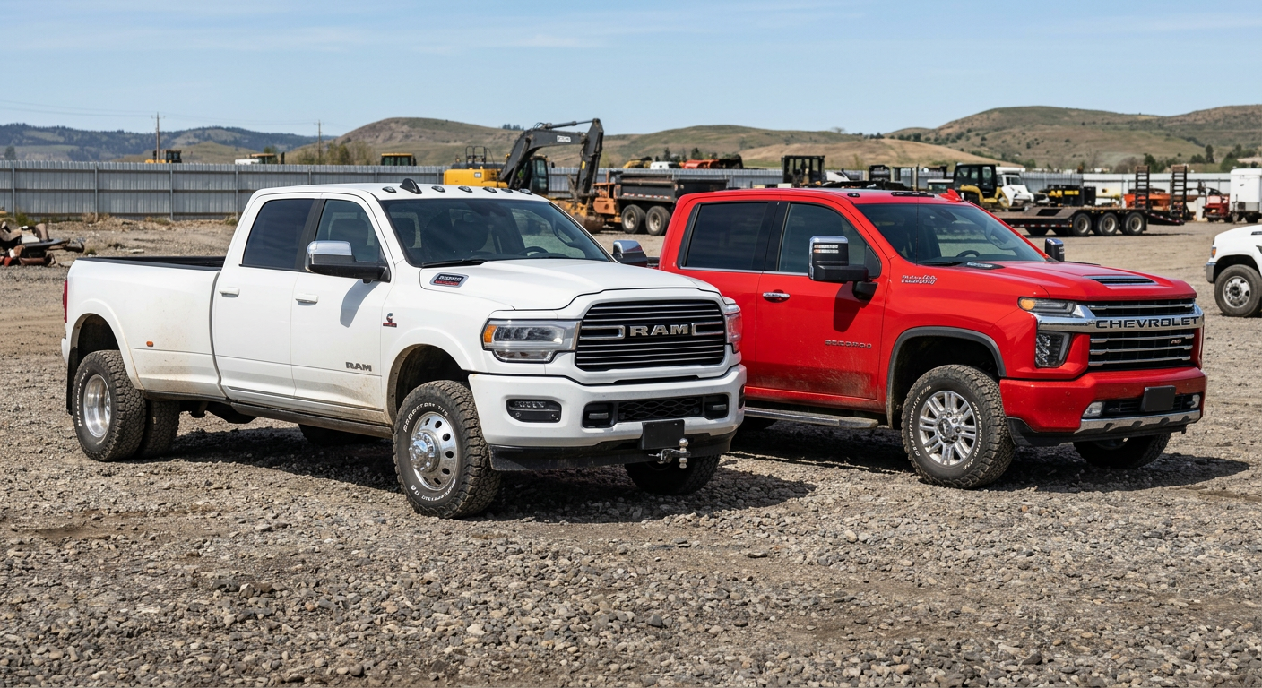 Side-by-side photorealistic image of a white Ram 3500 dually and a red Chevrolet Silverado 2500HD gas truck parked on grav...