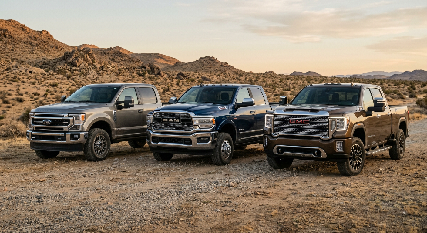 Photorealistic image of three heavy-duty diesel trucks parked outdoors, a Ford Super Duty, Ram 3500 dually, and GMC Sierra...