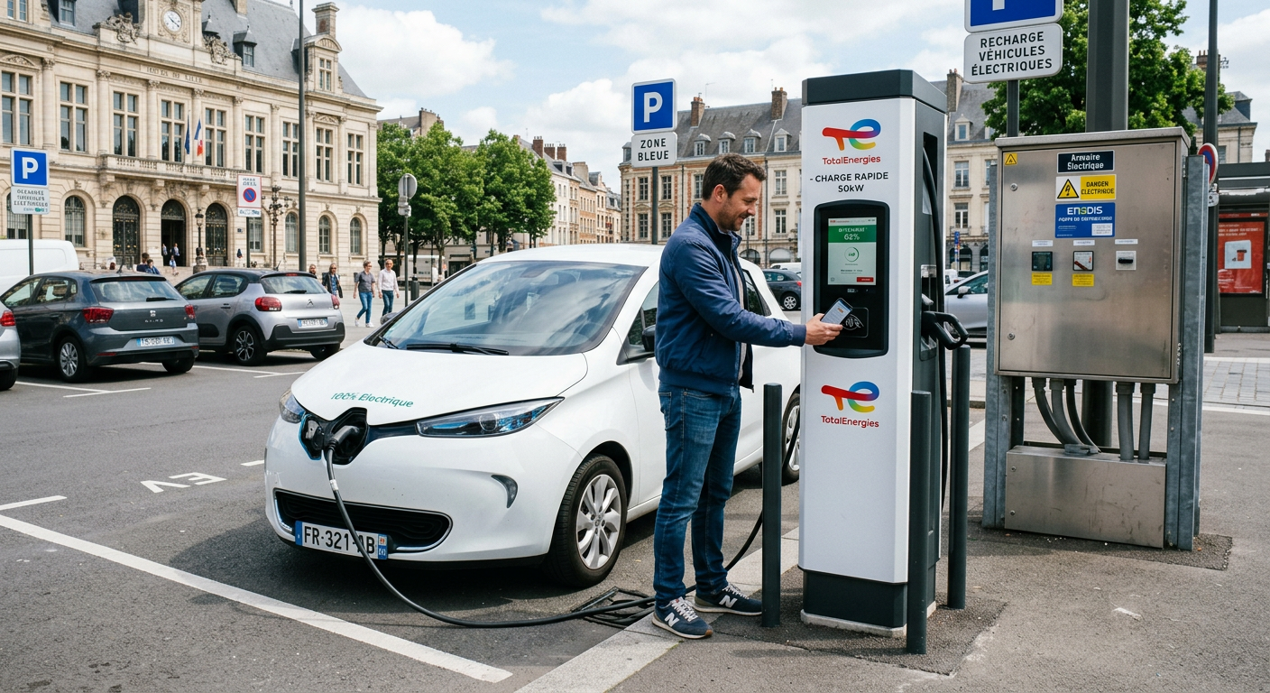 Borne de recharge électrique en usage dans un parking urbain avec une voiture en charge et un paiement via smartphone