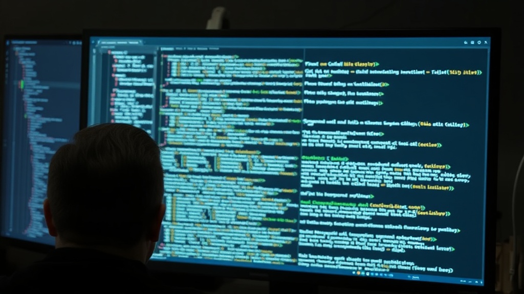 Developer staring at a complex, uncommented code file on a monitor