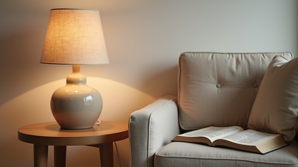Ceramic table lamp casting warm downward light onto an open book beside a reading chair