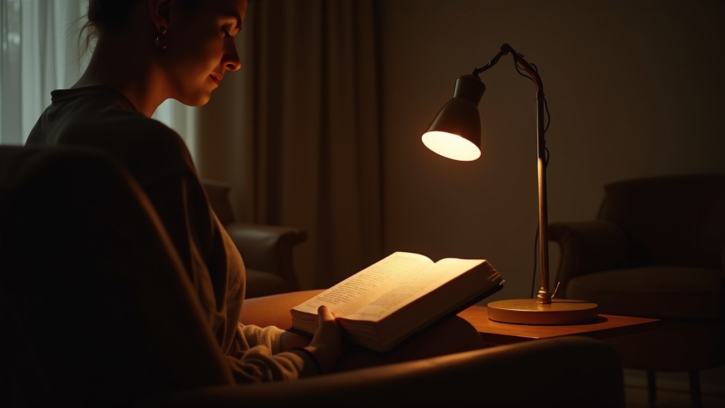 Correct table lamp height for reading, shade positioned at seated eye level