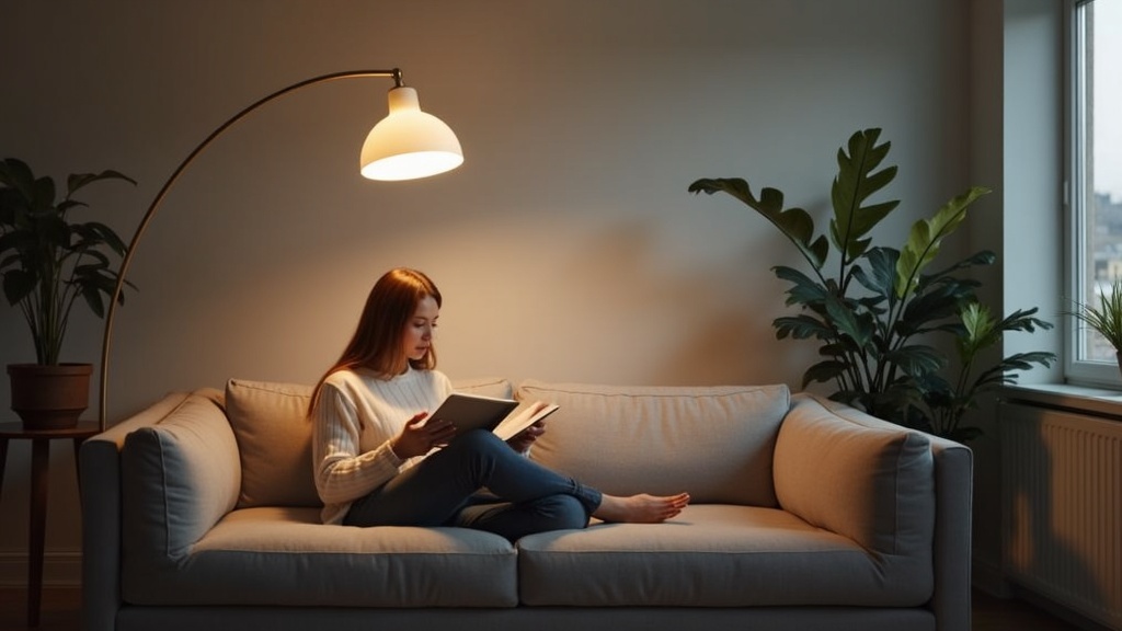 Arc floor lamp positioned behind and over the shoulder of a reader on a sofa
