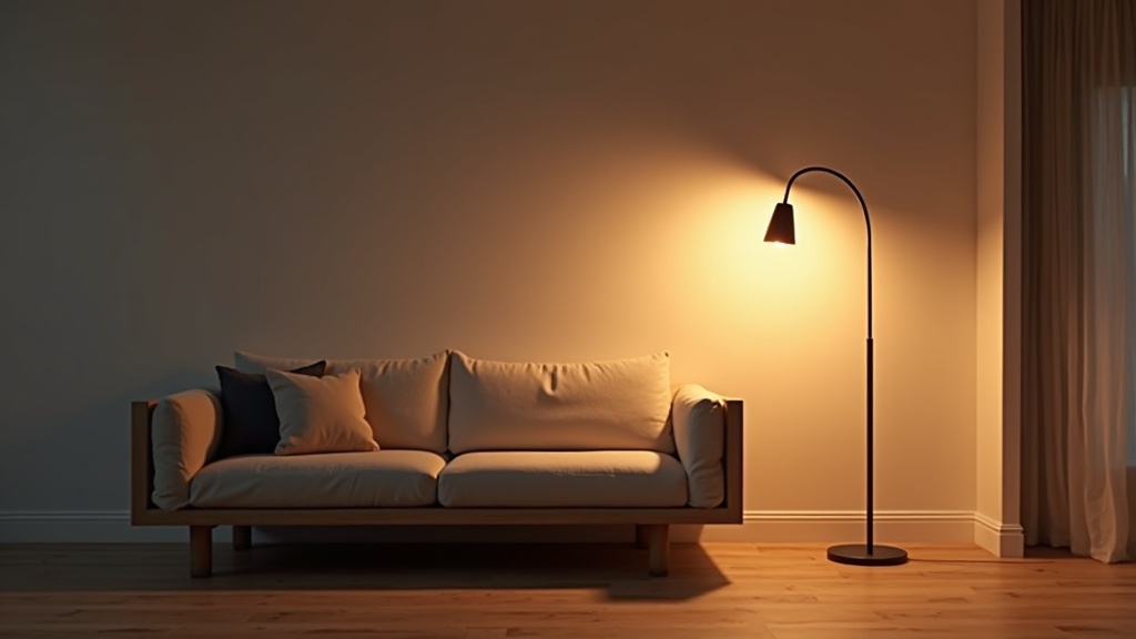Statement floor lamp in a minimalist living room with warm ambient light