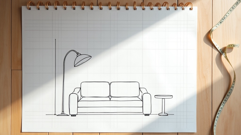 Floor lamp placement planning with measuring tape in a minimalist living room