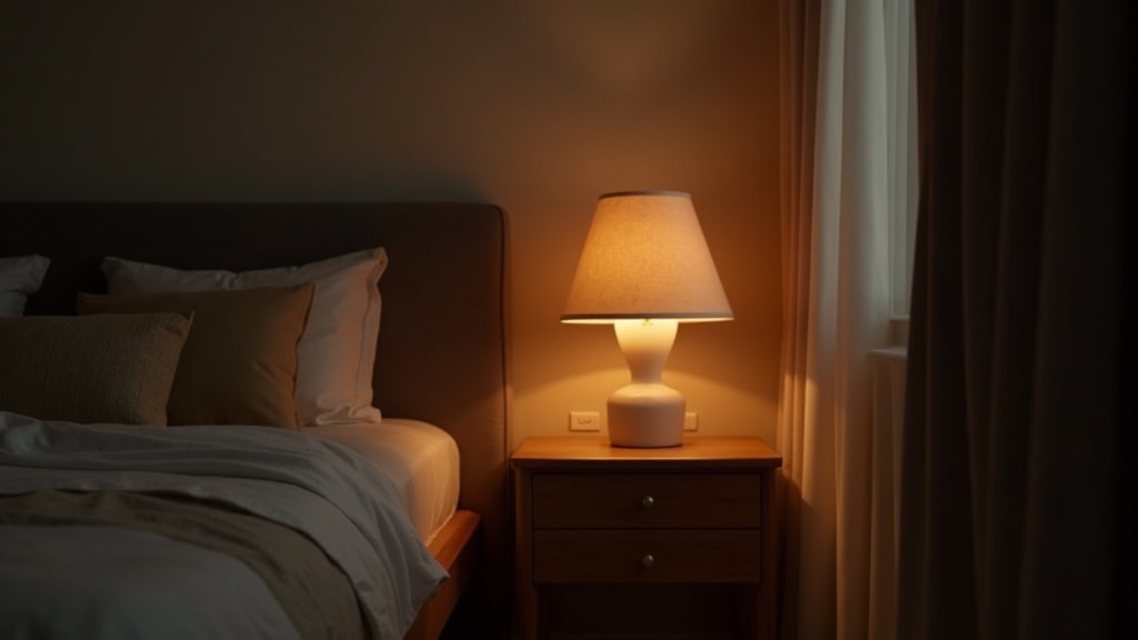 Warm amber bedside lamp lighting a bedroom for sleep
