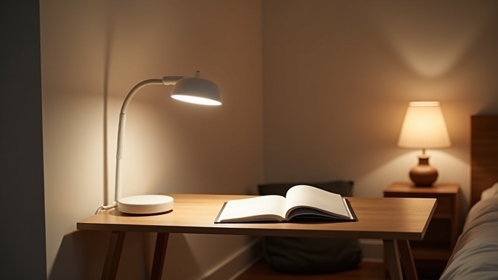Bedroom desk with cool task lamp and warm ambient bedside light in background