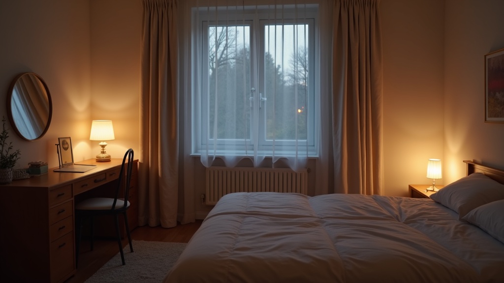 Bedroom with two different lighting zones: warm bedside lamp and cool task light