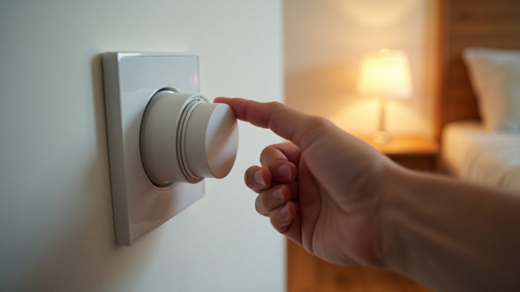 Hand adjusting a dimmer switch in a warm-lit bedroom
